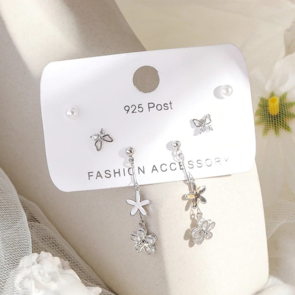 [3 Pairs] 925 Sterling Silver Flower Earrings Q - Picture 3 of 7